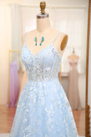 Load image into Gallery viewer, A-Line Sky Blue Spaghetti Straps Lace Corset Prom Dress