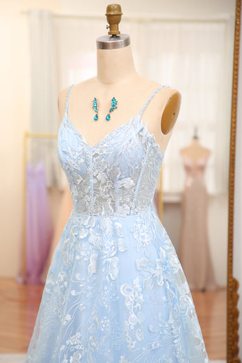 A-Line Sky Blue Spaghetti Straps Lace Corset Prom Dress