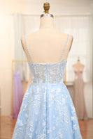 Load image into Gallery viewer, A-Line Sky Blue Spaghetti Straps Lace Corset Prom Dress