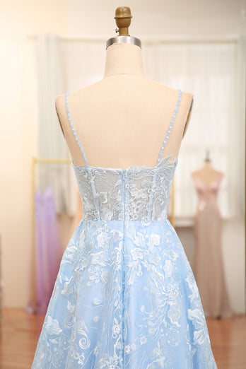 A-Line Sky Blue Spaghetti Straps Lace Corset Prom Dress