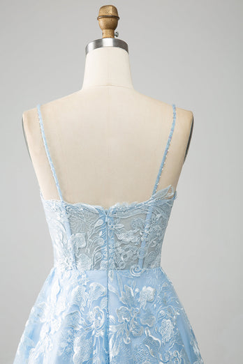 Sky Blue A-Line Spaghetti Straps Lace Corset Prom Dress