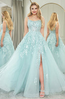 Load image into Gallery viewer, Mint A-line Spaghetti Strap Long Corset Prom Dress with Appliques