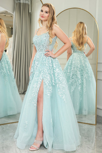 Mint A-line Spaghetti Strap Long Corset Prom Dress with Appliques