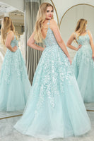 Load image into Gallery viewer, Mint A-line Spaghetti Strap Long Corset Prom Dress with Appliques