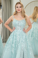 Load image into Gallery viewer, Mint A-line Spaghetti Strap Long Corset Prom Dress with Appliques