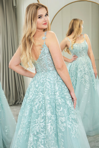 Mint A-line Spaghetti Strap Long Corset Prom Dress with Appliques