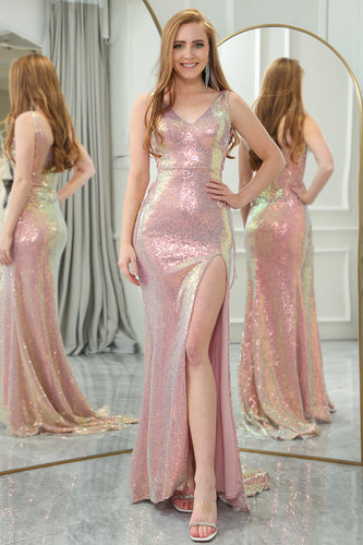 Sparkly Blush Mermaid V-neck Long Sequin Prom Dress with Slit