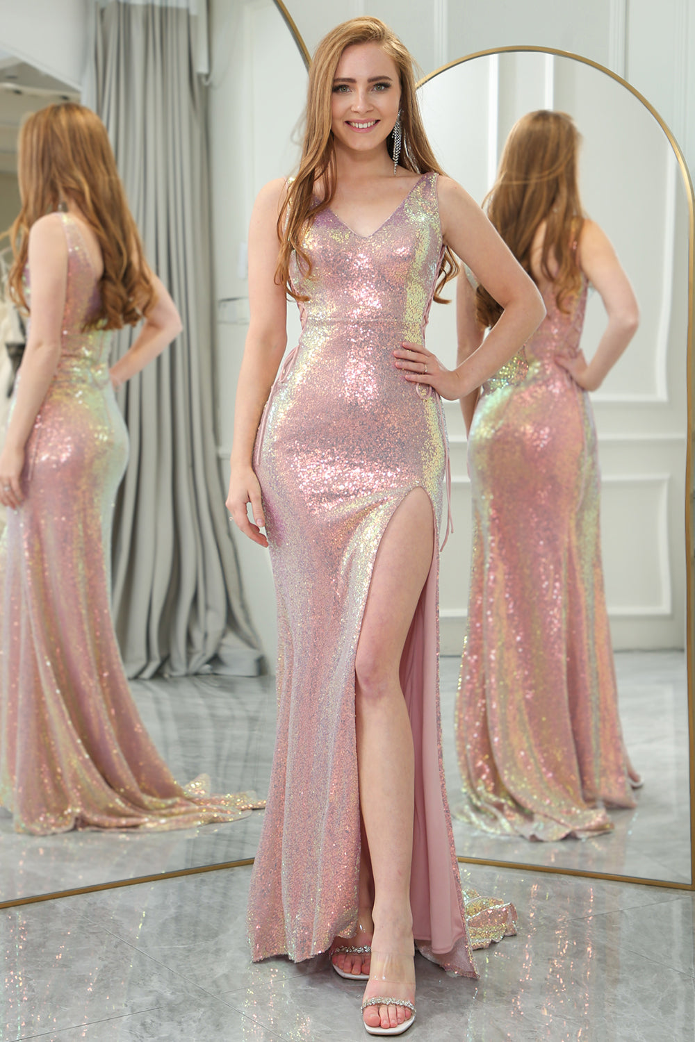Sparkly Blush Mermaid V-neck Long Sequin Prom Dress with Slit