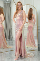Load image into Gallery viewer, Sparkly Blush Mermaid V-neck Long Sequin Prom Dress with Slit