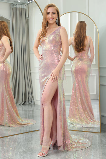 Sparkly Blush Mermaid V-neck Long Sequin Prom Dress with Slit