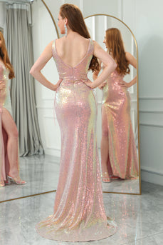 Sparkly Blush Mermaid V-neck Long Sequin Prom Dress with Slit
