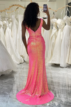 Sparkly Hot Pink Mermaid V-neck Long Sequin Prom Dress with Slit