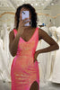 Load image into Gallery viewer, Sparkly Hot Pink Mermaid V-neck Long Sequin Prom Dress with Slit