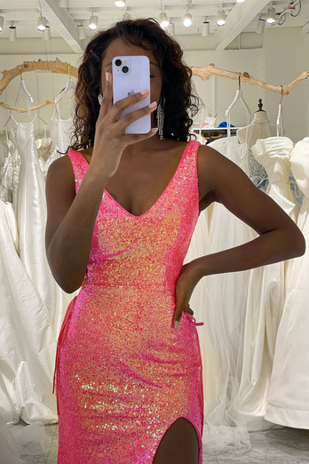 Sparkly Hot Pink Mermaid V-neck Long Sequin Prom Dress with Slit
