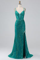 Load image into Gallery viewer, Dark Green Sparkly Mermaid Spaghetti Straps Corset Prom Dress with Slit