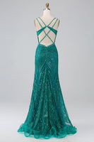Load image into Gallery viewer, Dark Green Sparkly Mermaid Spaghetti Straps Corset Prom Dress with Slit