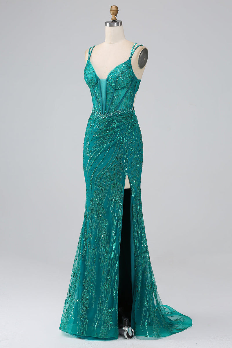 Load image into Gallery viewer, Dark Green Sparkly Mermaid Spaghetti Straps Corset Prom Dress with Slit