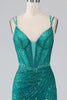 Load image into Gallery viewer, Dark Green Sparkly Mermaid Spaghetti Straps Corset Prom Dress with Slit