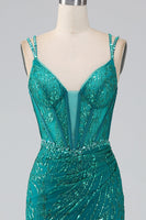 Load image into Gallery viewer, Dark Green Sparkly Mermaid Spaghetti Straps Corset Prom Dress with Slit
