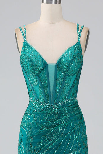 Dark Green Sparkly Mermaid Spaghetti Straps Corset Prom Dress with Slit