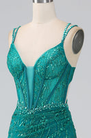 Load image into Gallery viewer, Dark Green Sparkly Mermaid Spaghetti Straps Corset Prom Dress with Slit