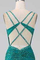 Load image into Gallery viewer, Dark Green Sparkly Mermaid Spaghetti Straps Corset Prom Dress with Slit