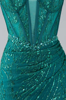 Load image into Gallery viewer, Dark Green Sparkly Mermaid Spaghetti Straps Corset Prom Dress with Slit