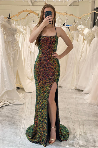 Mermaid Green Spaghetti Straps Sequin Prom Dress with Slit