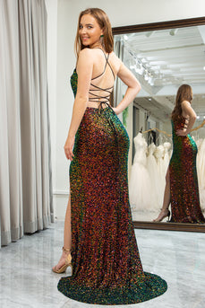 Green Mermaid Spaghetti Straps Sequin Prom Dress with Slit