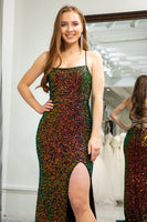 Load image into Gallery viewer, Green Mermaid Spaghetti Straps Sequin Prom Dress with Slit