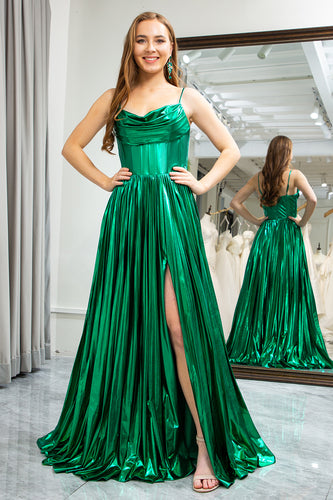 Dark Green A-line Spaghetti Straps Corset Prom Dress with Slit