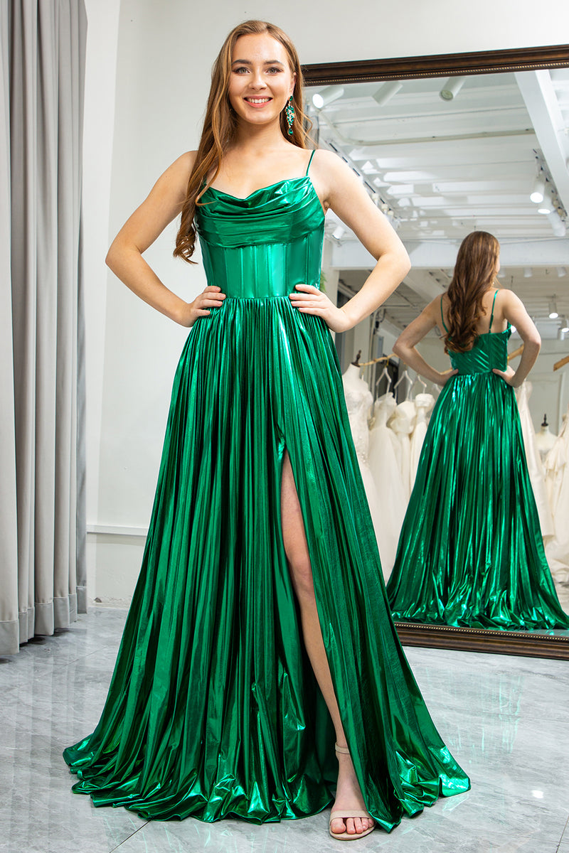 Load image into Gallery viewer, Dark Green A-line Spaghetti Straps Corset Prom Dress with Slit