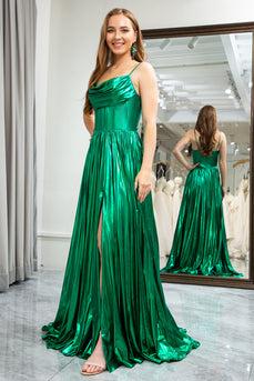 Dark Green A-line Spaghetti Straps Corset Prom Dress with Slit