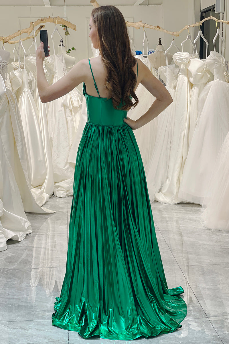 Load image into Gallery viewer, A-line Dark Green Spaghetti Straps Corset Prom Dress with Slit