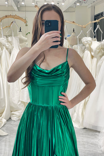 A-line Dark Green Spaghetti Straps Corset Prom Dress with Slit