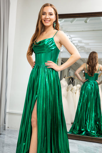 Dark Green A-line Spaghetti Straps Corset Prom Dress with Slit