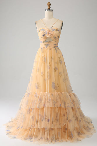 A-Line Yellow Printed Spaghetti Straps Long Corset Prom Dress