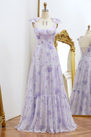 Load image into Gallery viewer, A Line Lilac Floral Print Prom Dress with Bows
