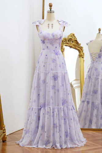 A Line Lilac Floral Print Prom Dress with Bows