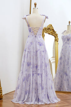 A Line Lilac Floral Print Prom Dress with Bows