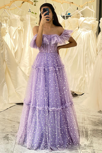 Lilac A Line Off the Shoulder Tulle Long Corset Prom Dress