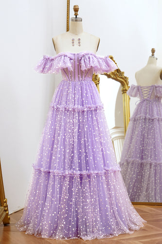 A Line Lilac Off the Shoulder Tulle Long Corset Prom Dress
