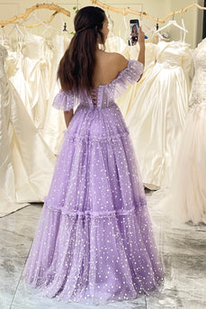 Lilac A Line Off the Shoulder Tulle Long Corset Prom Dress