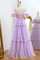 Load image into Gallery viewer, A Line Lilac Off the Shoulder Tulle Long Corset Prom Dress