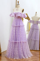Load image into Gallery viewer, A Line Lilac Off the Shoulder Tulle Long Corset Prom Dress