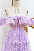 Load image into Gallery viewer, A Line Lilac Off the Shoulder Tulle Long Corset Prom Dress