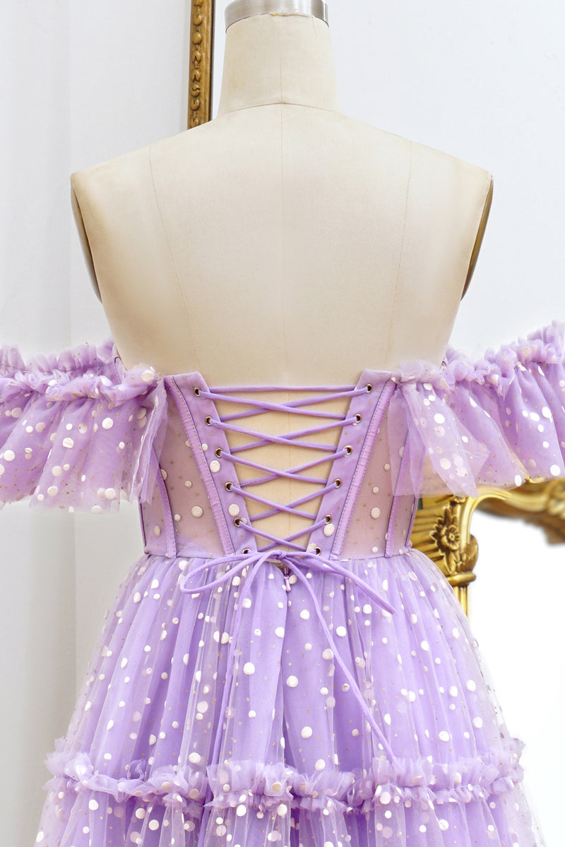 Load image into Gallery viewer, A Line Lilac Off the Shoulder Tulle Long Corset Prom Dress