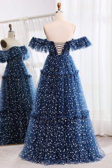 Off the Shoulder Sparkly Navy Corset Prom Dress with Polka Dots