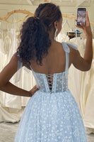 Load image into Gallery viewer, A-Line Sky Blue Printed Spaghetti Straps Corset Prom Dress