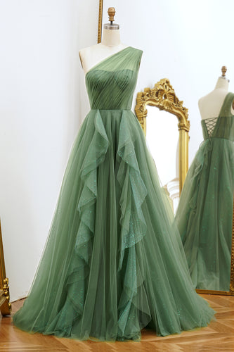 One Shoulder Green A Line Tulle Prom Dress with Lace-up Back